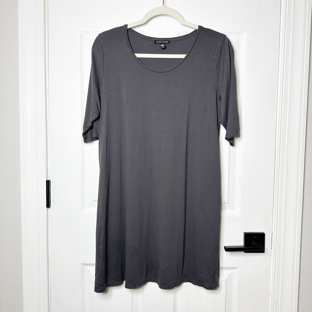 Eileen Fisher Size M Charcoal Grey Short Sleeve Tunic Length Top Lagenlook